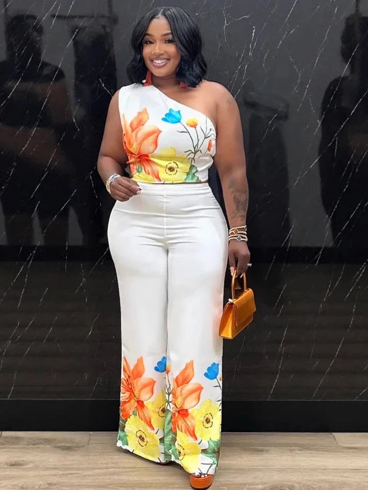 Kricesseen Women's Floral Jumpsuits 2 Piece Outfits Elegant Flower Print Crop Top And Wide Legs Pant Set Clubwear Overalls
