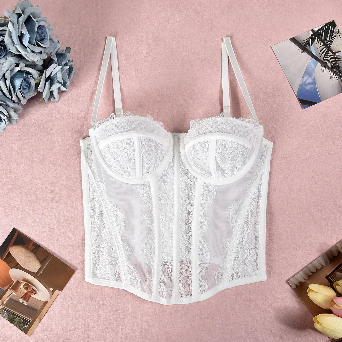 Sexy Lace Mesh Spaghetti Strap Open Back Boned Corset Women Summer Slim Lingerie Bodyshaper Bustier Camisole Halter Vest
