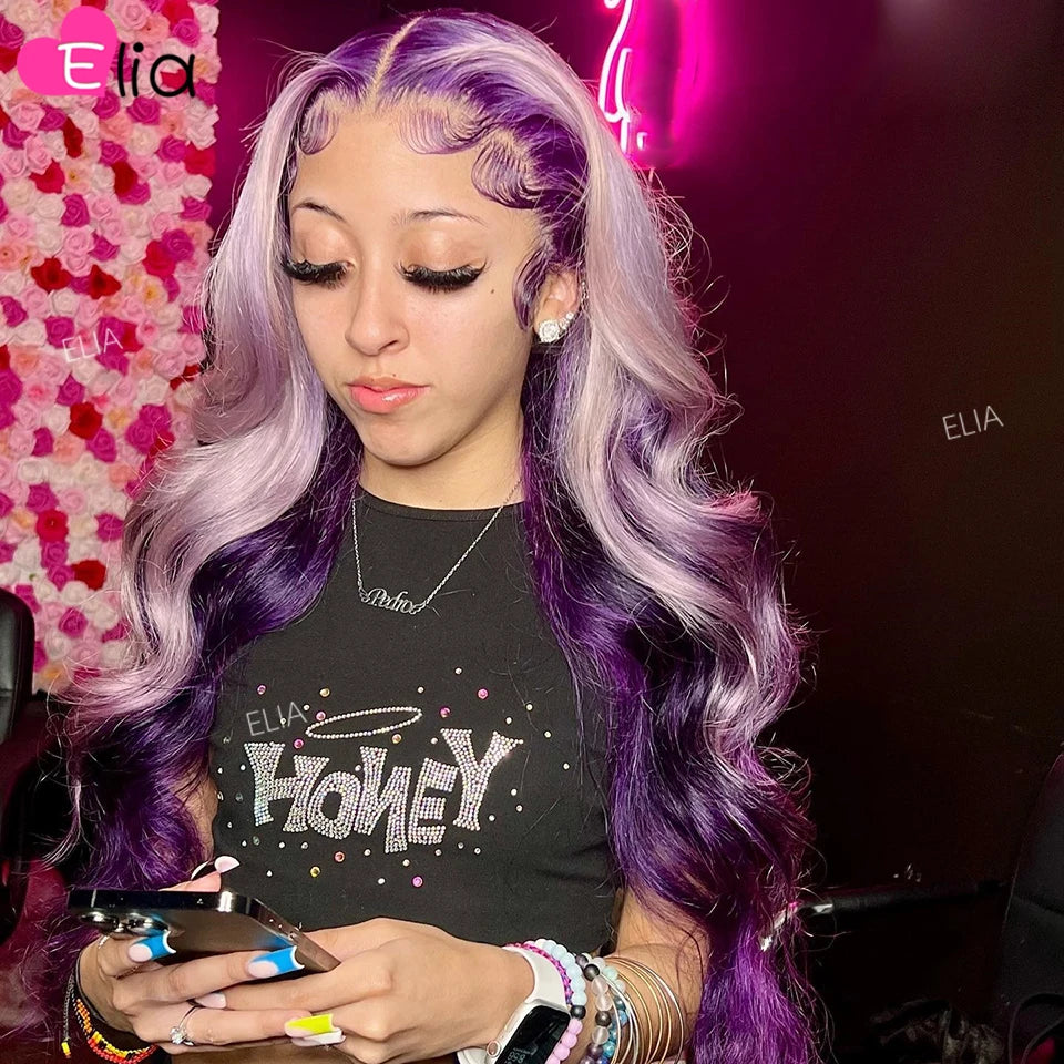 613 Lace Frontal Wig 13x6 Ombre Purple Colored Brazilian human hair wig sale Transparent Lace Closure Wig 5x5 Wigs Elia Hair