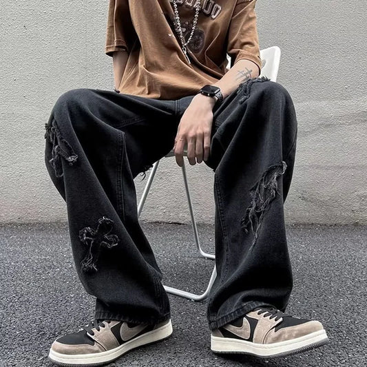 Straight Leg Denim Jeans Male New Fashion Casual Loose High Street Y2k Pants New Wide Leg Hip Hop Black Blue Pants