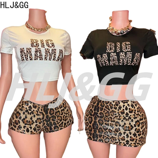 HLJ&GG Fashion Y2K Sequin Leopard Shorts Two Piece Sets Women Round Neck Short Sleeve Slim Crop Top And Shorts Outfit Streetwear