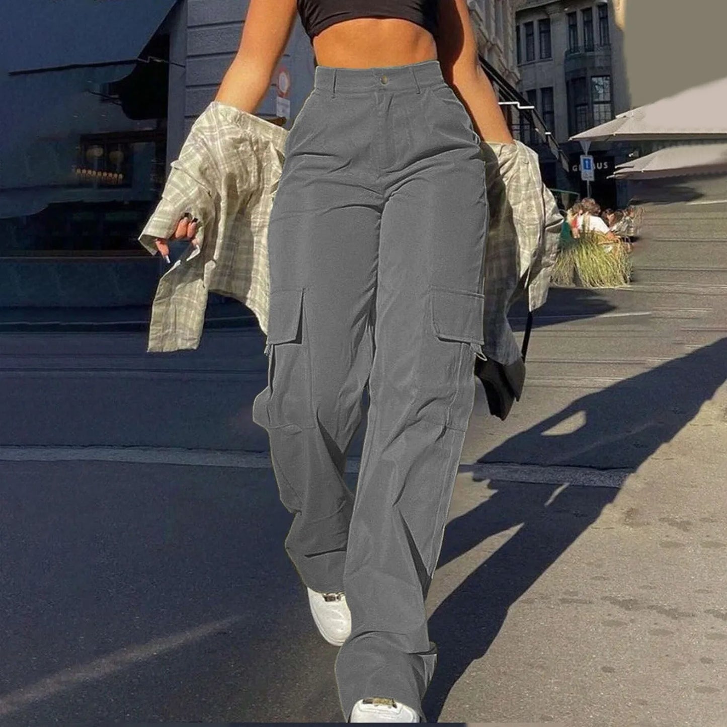Women Cargo Pants With Pockets Stretch High Waisted Casual Sweatpants Straight Wide Leg Long Pants Sporty Jogger Trouser