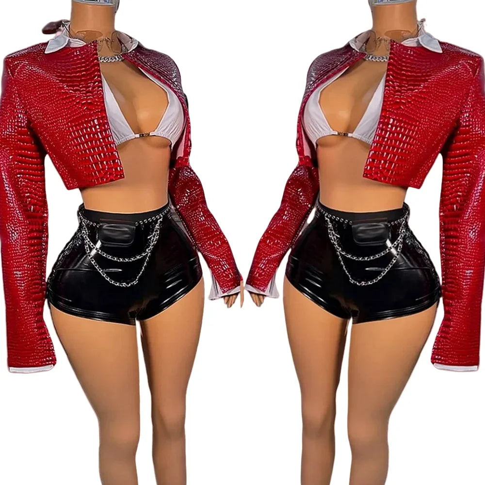 HLJ&GG Fashion Y2K Leather Snake Jacket Coat Three Piece Sets Women Lapel Long Sleeve Crop Top+Shorts Outfits Trend Streetwear