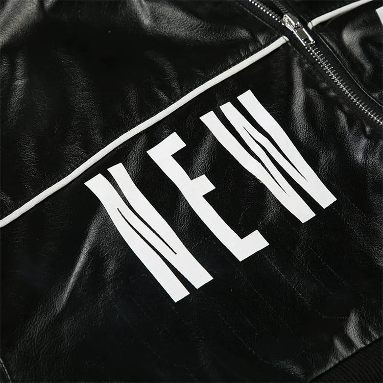 Weird Puss PU Patchwork Women Jacket Letter Print Hipster Button Zip Full Sleeve Trend Cool Street Spring Outwear Crop Coat