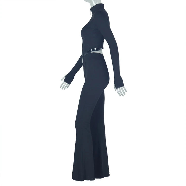 STYLISH LADY Solid Color Sporty 2 Piece Set Women Long Sleeve Crop Top and Flare Pant Suits 2025 Summer Casual Fitness Tracksuit