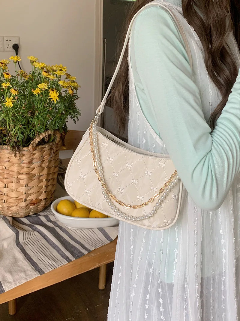 Pink Shoulder Bag Elegant Cute Bow Pearl Chains Bow Embroidery Handbag Casual Leather Korean Fashion Female Handbag