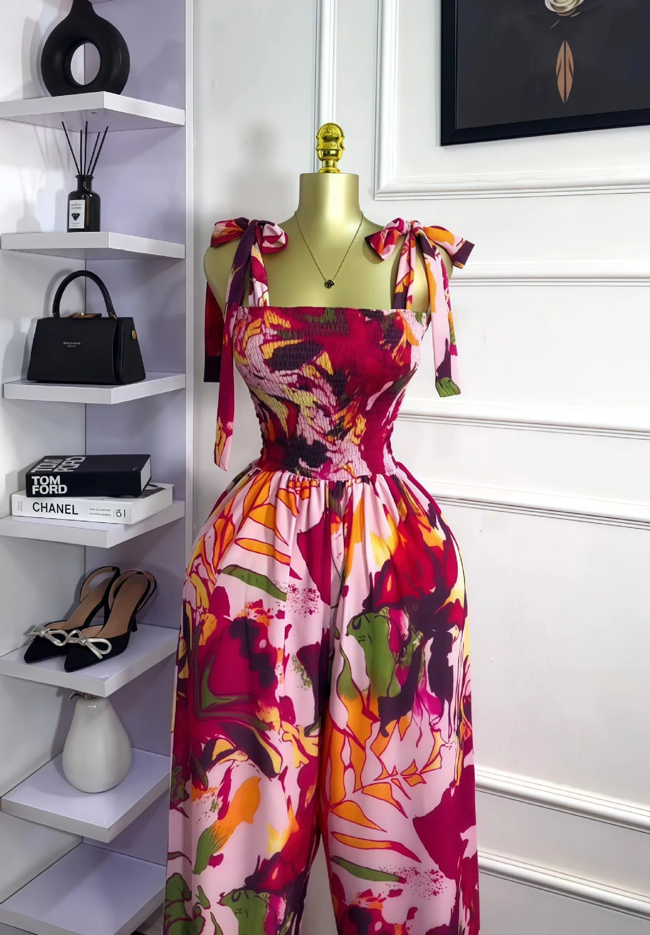 CM.YAYA Leaf Printed Women Bowknot Shoulder Sleeveless Jumpsuits 2025 Summer Beach Boho Holiday Outfits One Piece Suit Romper