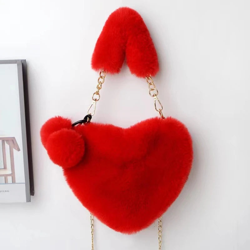 Luxury Faux Fur Heart-shaped Women Small Handbags Fluffy Plush Ladies Chain Shoulder Bag Fashion Female Furry Daily Clutch Purse