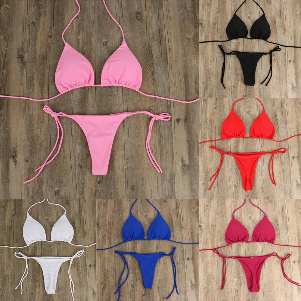 Sexy Women's Side Halter Tie Swimsuit Thong Bikini Set Ladies Split Strap Adjustable Bandage Style Brazilian Swimwear Beachwear