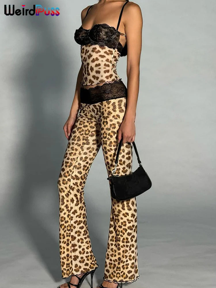 Weird Puss Mesh Patchwork 2 Piece Set Women Sexy Cleavage Sleeveless Crop Tops+Leopard Print Skinny Pants Street Wild Trend Suit