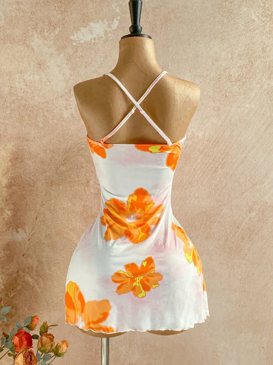 Women Halter Cowl Neck Floral Print Side Ruched Ruffle Hem Mini Dress 2026 Summer Tropical Beach Y2K Going Out Party Bodycon Dre
