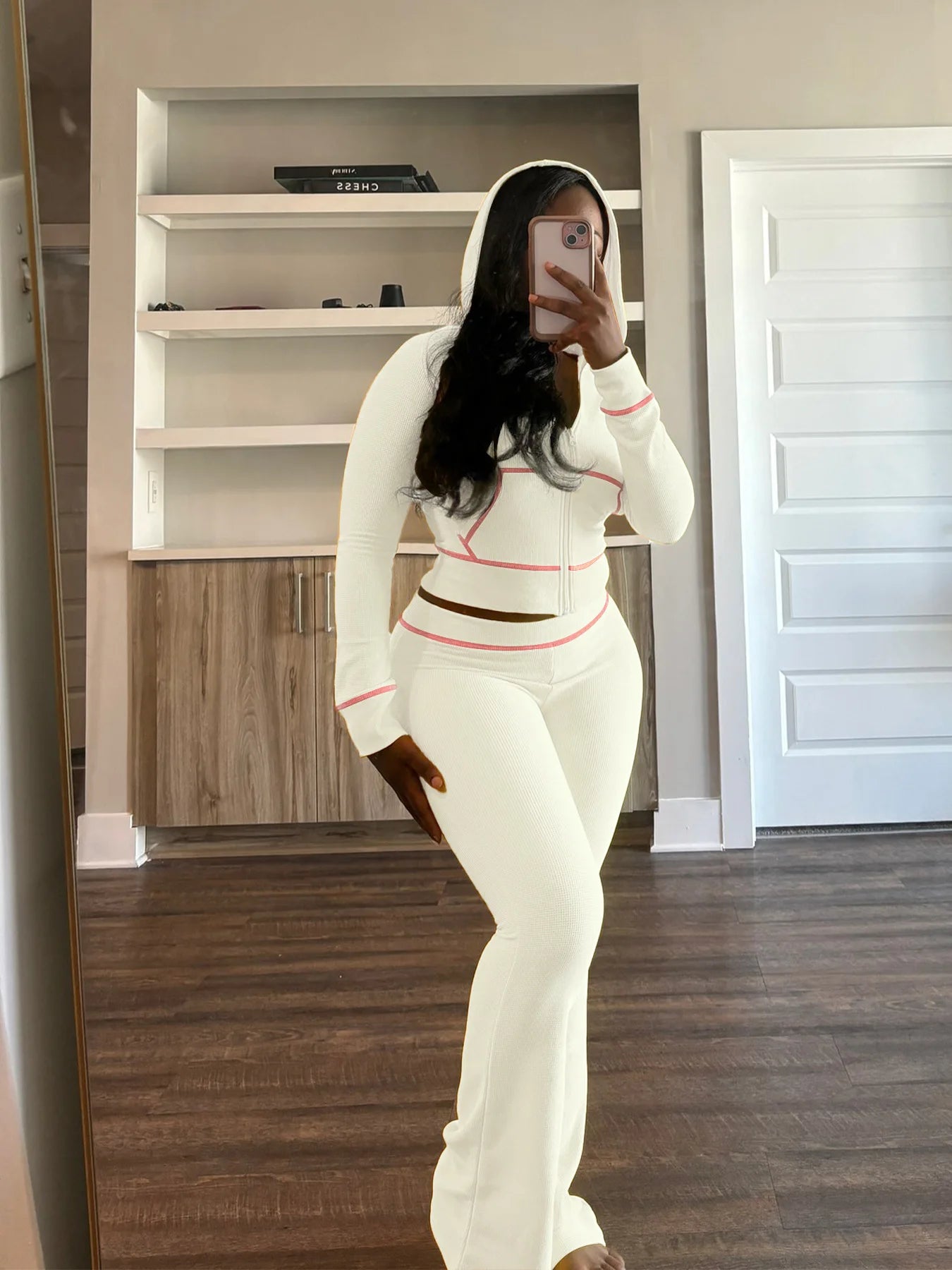 HLJ&GG Spring New Waffle Flare Pants Two Piece Sets Women Zip Hooded Long Sleeve Top + Pants Outfits Casual Sporty 2pcs Clothing