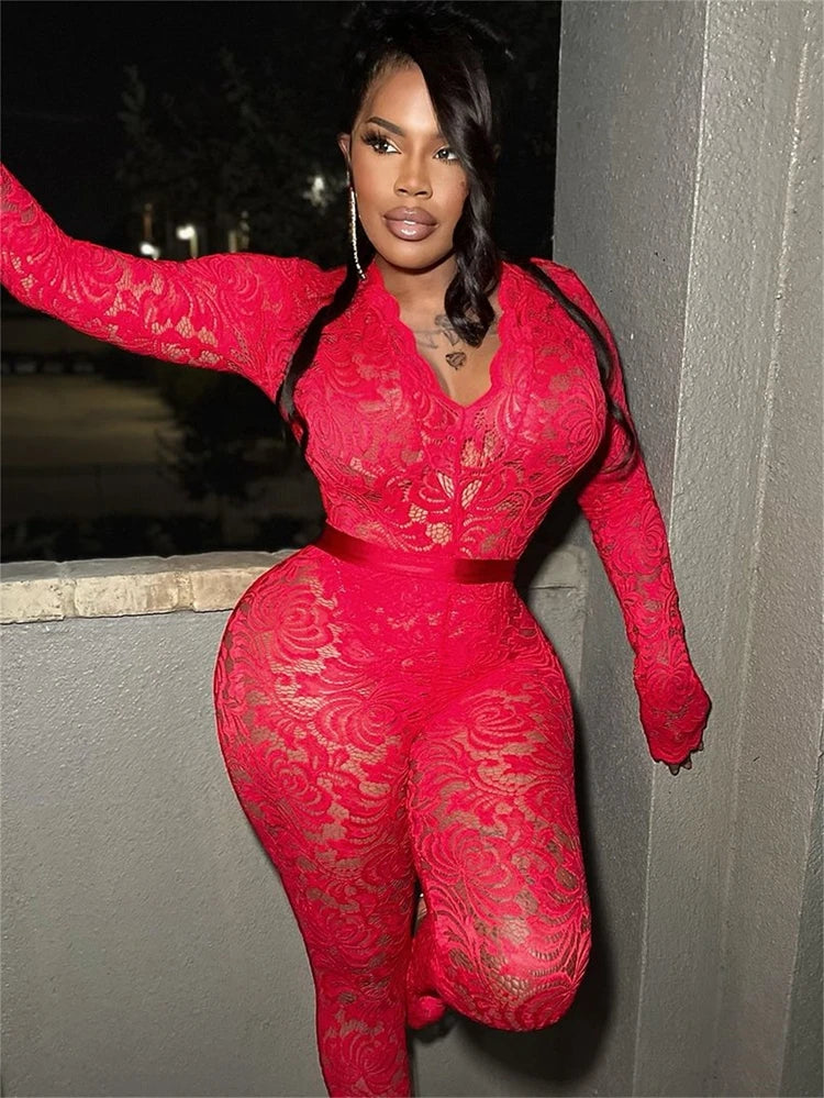 STYLISH LADY See Through Lace 2 Piece Set Women Long Sleeve Bodysuits and Skinny Pant Suits 2025 Summer Sexy Hollow Out Outfits