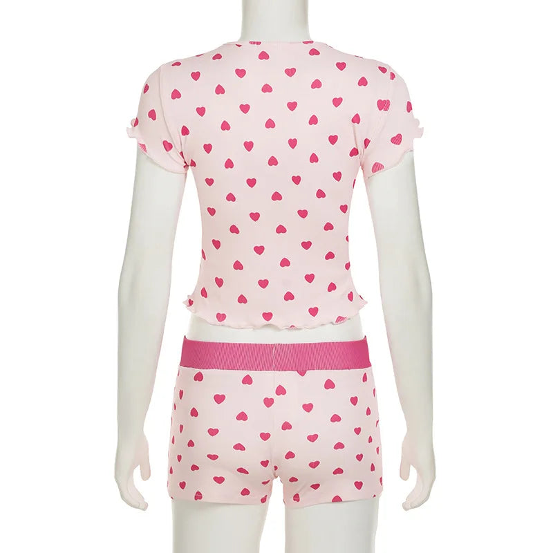 STYLISH LADY Heart Printed 2 Piece Set Women Short Sleeve Crop Top and Shorts Suits 2025 Summer Valentine's Day Home Sleepwear