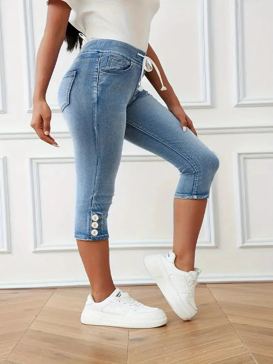 Ladies Plus Size jeans Captcha Drawstring High Stretch Spring summer Versatile Leg Slit Washed Jeans.