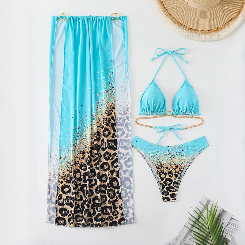 New Sexy Print Halter Swimwear, Swimsuit Three-pieces Bikini Set Bather Bathing Suit Swim Lady