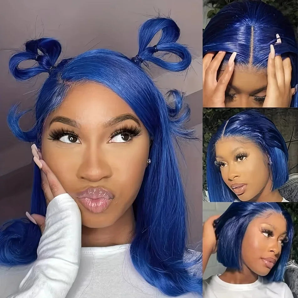 10 12 14 Inches Blue Straight Lace Frontal Human Hair Wigs Navy Blue 13x4 Lace Front Wig Royal Blue Colored Short Bob Wigs
