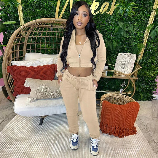 STYLISH LADY Fleece Sporty 3 Piece Set Women Outfits 2025 Spring Crop Top and Drawstring Pant Suits Casual Workout Tracksuits