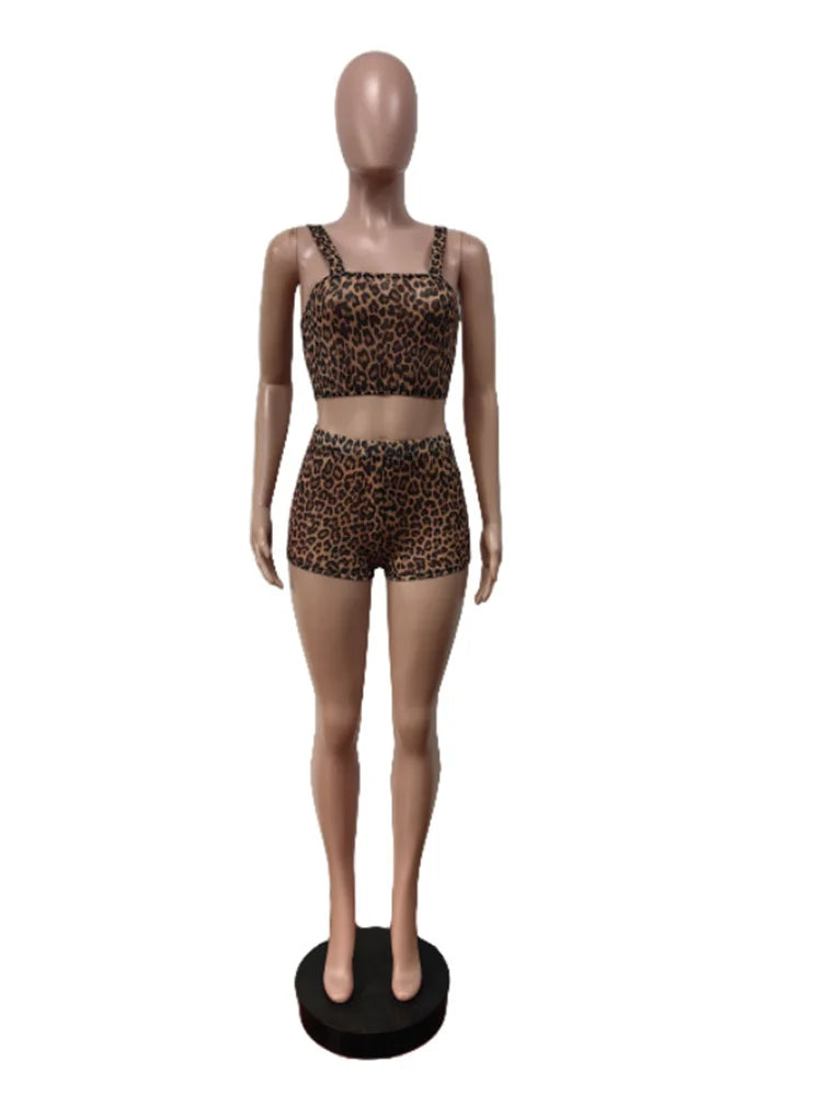Weird Puss Leopard Print 2 Piece Set Women Square Collar Backless Tank Tops+Peach Hip Shorts Mesh See Through Sexy Trend Outfits