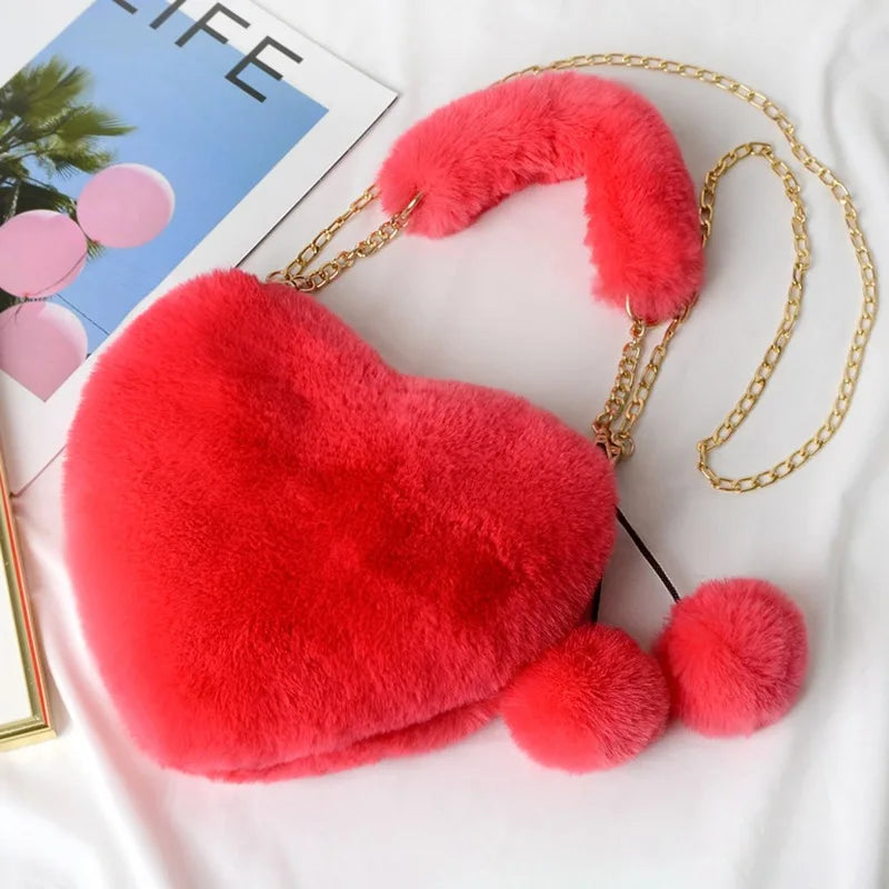 Luxury Faux Fur Heart-shaped Women Small Handbags Fluffy Plush Ladies Chain Shoulder Bag Fashion Female Furry Daily Clutch Purse