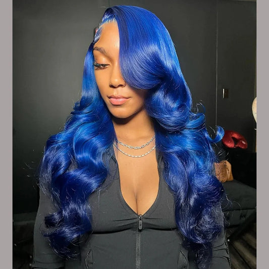 13x4 Dark Blue Transparent Lace Front Human Hair Wig For Women Pre Plucked Navy Blue Colored Body Wave HD Lace 13x6 Frontal Wigs