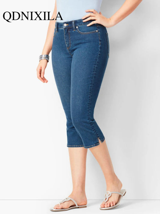 Ladies Jeans Pants Ladies Cropped Trousers Skinny  Knee Length Jeans female Elastic High Waist Mom Jeans Oversize