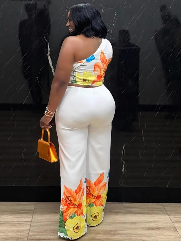 Kricesseen Women's Floral Jumpsuits 2 Piece Outfits Elegant Flower Print Crop Top And Wide Legs Pant Set Clubwear Overalls