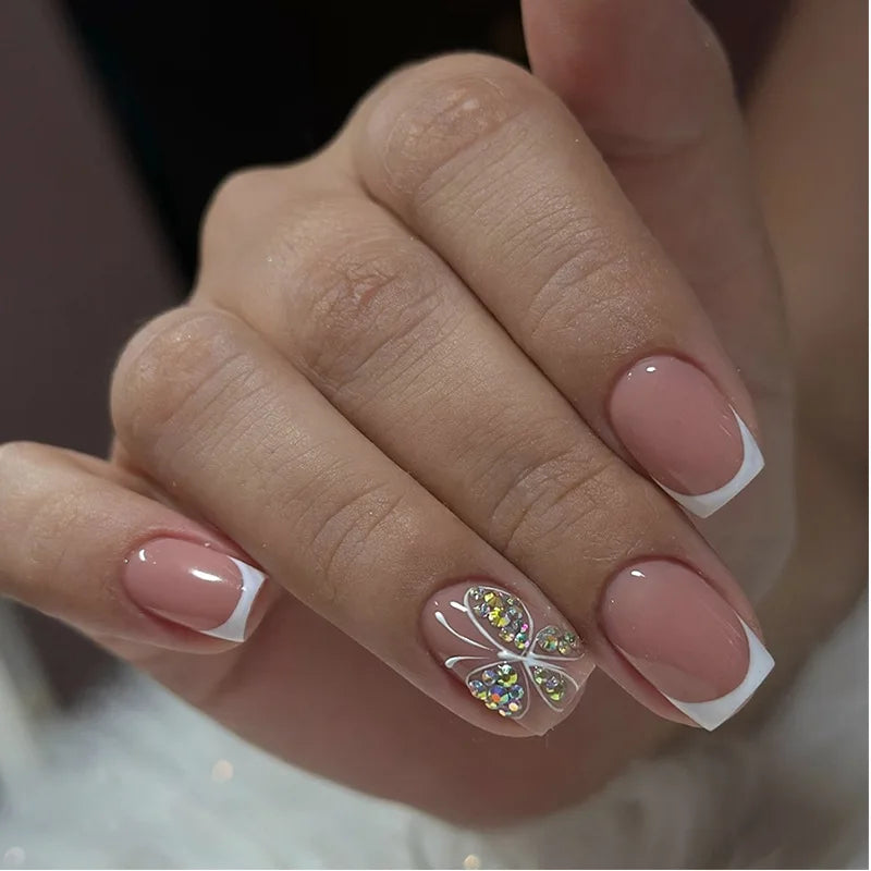 White French Press on Nails 3D Bowknot Fake Nails Tips Full Cover Wearable False Nails for Women and Girls DIY 24Pcs