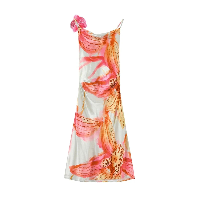 Backless Satin Short Dress Women Sexy 3D Flower Print Lace Up Sleeveless Halter Dresses 2025 Summer Beach Vacation Lady Vestisos