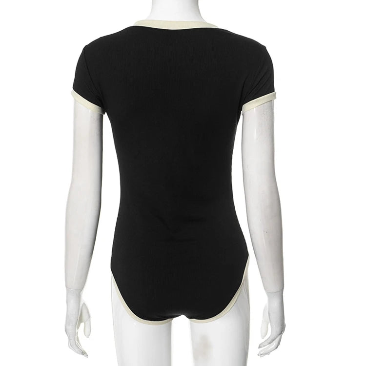 STYLISH LADY Ribbed Button Bodysuits 2025 Summer Women Short Sleeve O Neck Black Nude Sexy Club Street Bodycon Rompers