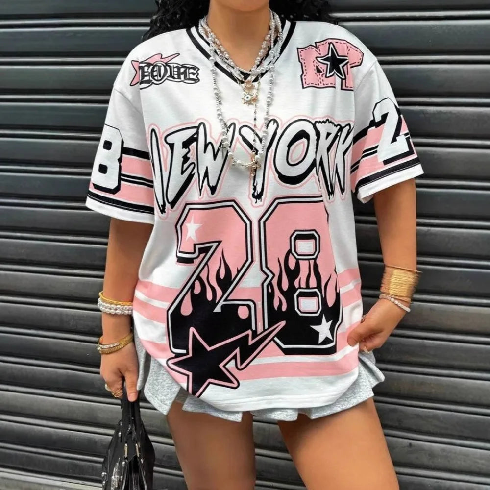 HLJ&GG Pink Fashion Letter Loose Tshirts Two Piece Sets Women V Neck Short Sleeve Top+Pleated Mini Skirts Outfits Y2K Streetwear