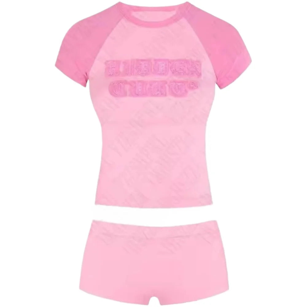 HLJ&GG Fashion Letter Y2K Shorts Two Piece Sets Women Round Neck Slim Crop Top And Shorts Outfits Summer New Hot Girl Streetwear