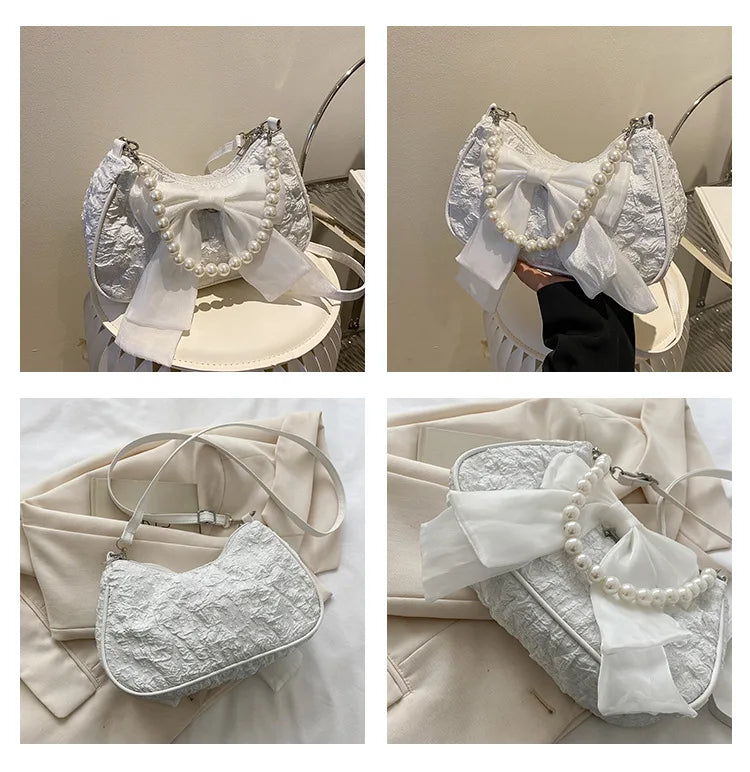 Pearl Female Bag Retro Luxury Designer Handbag Bow Crossbody Bags Fashion Canvas Women's 2023 Trend Shoulder bag Purses