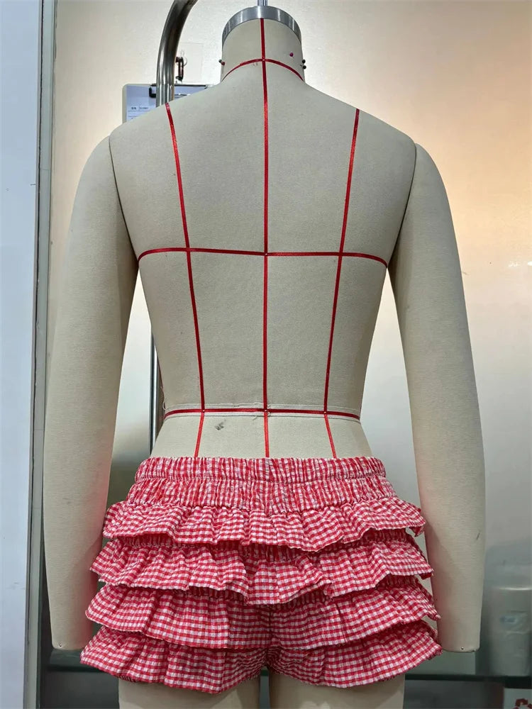 Weird Puss Y2K Tierred Shorts Women Summer Low-waist Plaid Sweet Cake Style Skinny Culotes Street Hottie Trend Party Clubwear