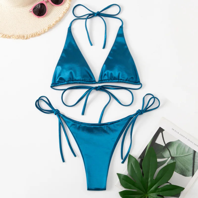 Halter Brazilian Metallic Satin Bikini Swimwear, Swimsuit Two-pieces Bikini Set High Cut Bathing Suit Swim Beachwear
