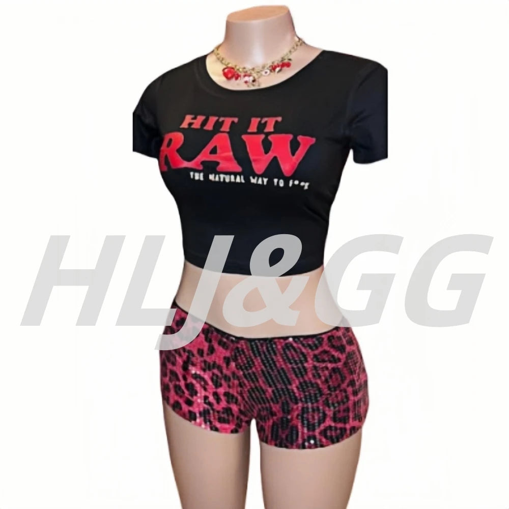 HLJ&GG Y2K Fashion Letter Printing Sequin Shorts Two Piece Sets Women Round Neck Short Sleeve Slim Crop Top And Shorts Outfits