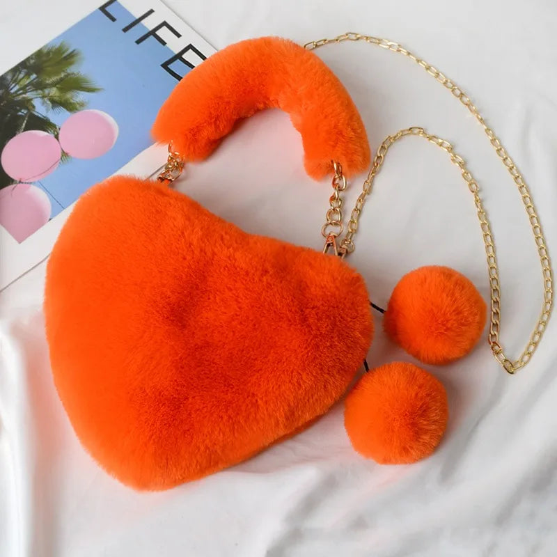 Luxury Faux Fur Heart-shaped Women Small Handbags Fluffy Plush Ladies Chain Shoulder Bag Fashion Female Furry Daily Clutch Purse