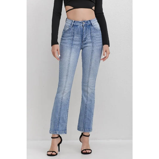 Women's High Waisted Light Blue Jeans with Panel Detail Flared Leg Fashionable Daily Wear Wide-leg jeans Stretch Straight Pants