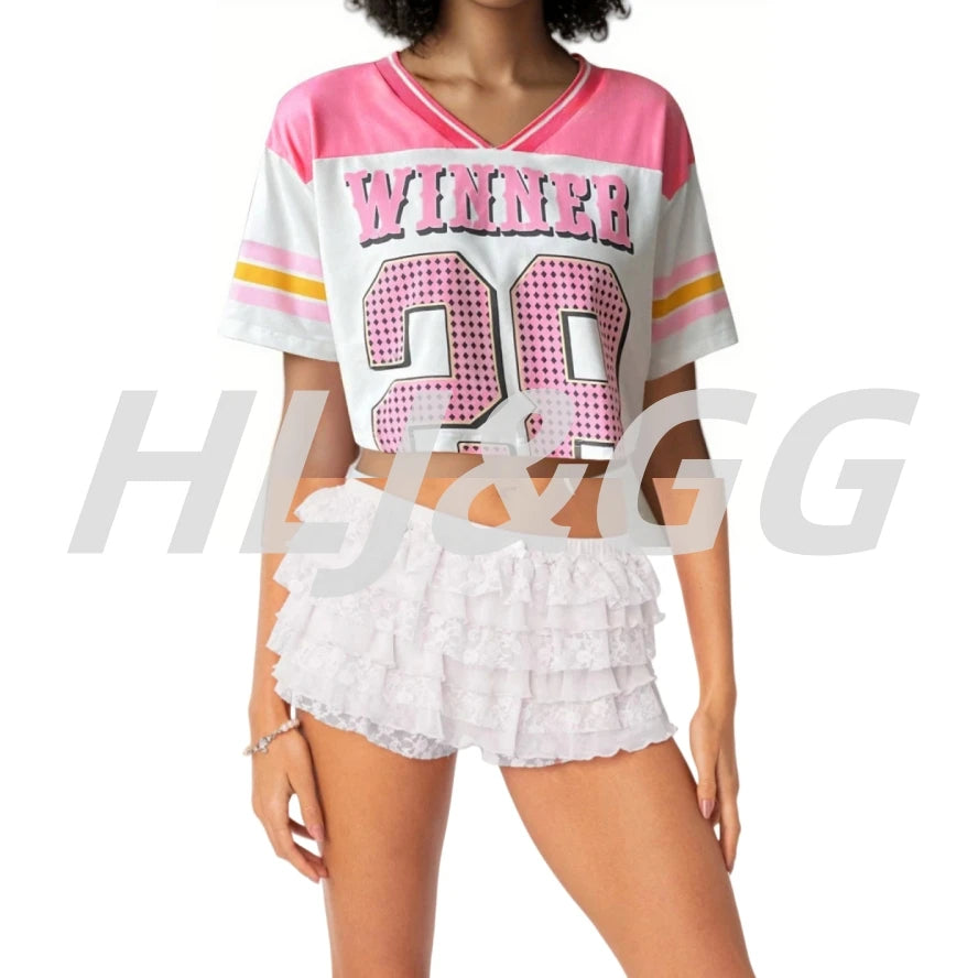 HLJ&GG Summer New Y2K Letter Print Two Piece Sets Women V Neck Short Sleeve Crop Top And Ruffle Skirts Shorts Outfits Streetwear