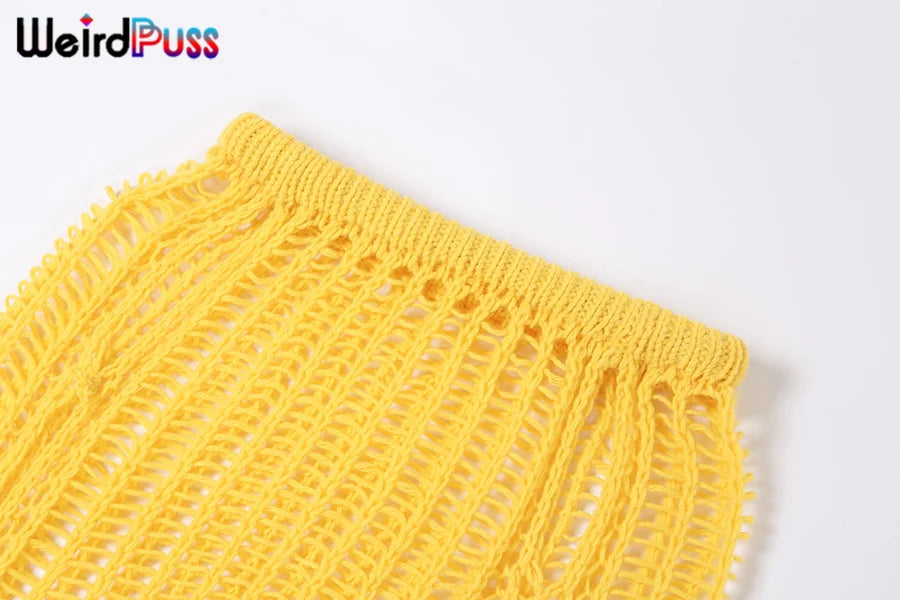 Weird Puss Summer Knit Sexy Long Skirt Women Crochet Elastic See-Through Hollow Out Grid Party Wild Streetwear Solid Bottoms