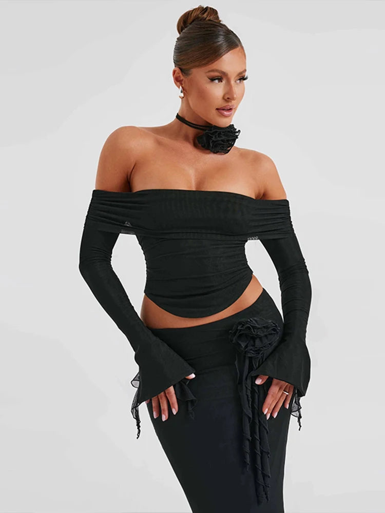 Dulzura Matching Suit Neck Accessories 3D Flower Off Shoulder Long Trumpet Sleeves Crop Top Tassel Maxi Skirt 2024 Autumn Women