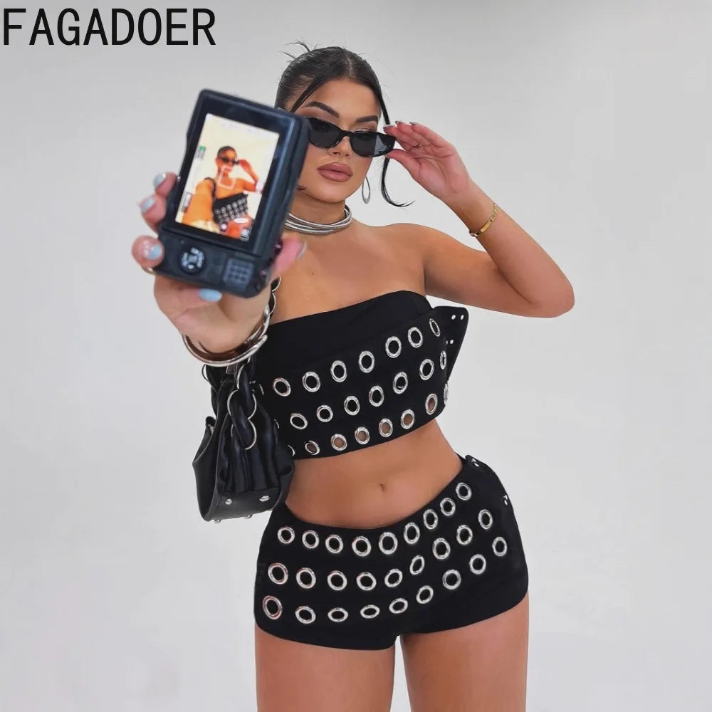 FAGADOER Y2K Sexy Hollow Out Patchwork 2 Pieces Set for Woman Sleeveless Backless Crop Top and Shorts Outfits Female Streetwear