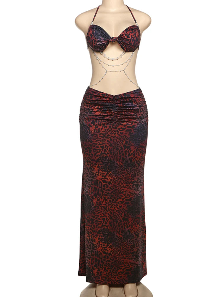 Weird Puss Rhinestone Chain Dress Women Y2K Glitter Ruched Waistless Knot Backless Birthday Midnight Party Sexy Club Vestidos