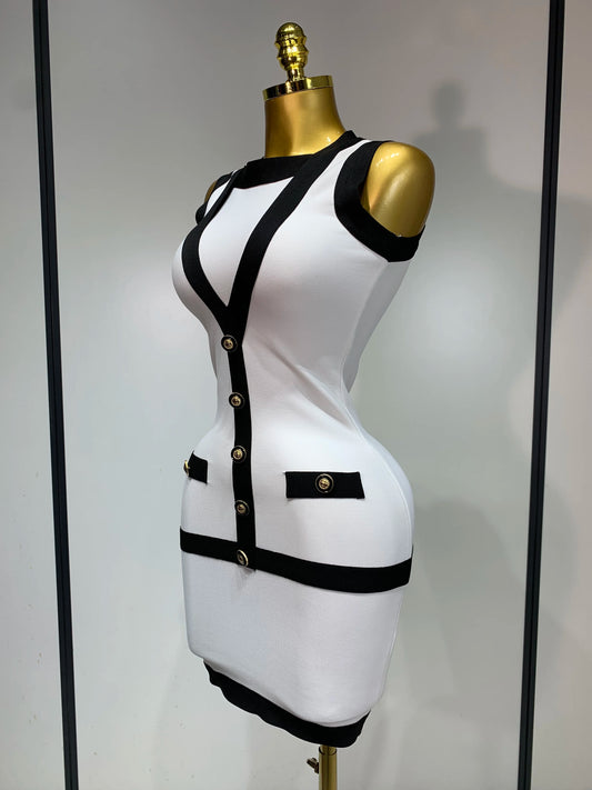 Women Sexy Backless Black White Button Mini Bandage Short Dress Celebrity Elegant Evening Party Holiday Club Dress