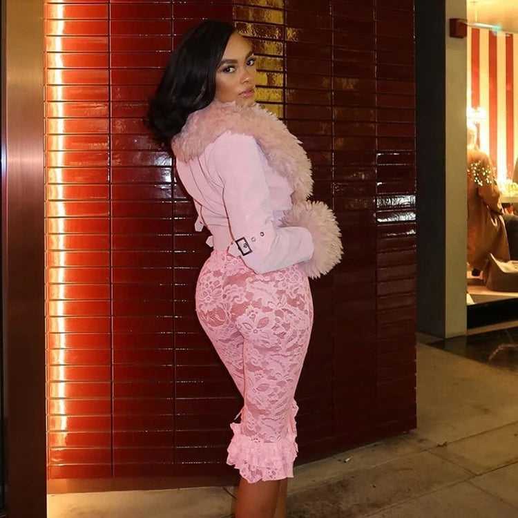 STYLISH LADY Lace Knee Length Pants 2025 Summer Women Midi Waist Hollow Out Sexy Club Party Street See Through Leggings Pants