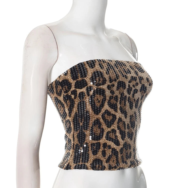 STYLISH LADY Sparkly Sequined Leopard Printed Crop Top 2025 Summer Women Strapless Zipper Slim Sexy Club Party Street Tops Tees