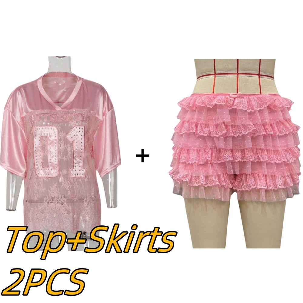 HLJ&GG Y2K Fashion Lace Splicing Letter Two Piece Sets Women V Neck Short Sleeve Loose Top+Mini Ruffle Skirts Outfits Streetwear