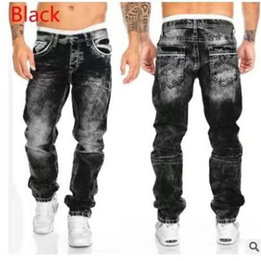 Vintage Wash Wash Straight Hip Hop Jeans Men Streetwear Casual Denim Cargo Pants Spring and Autumn Zipper Print Stretch Jeans