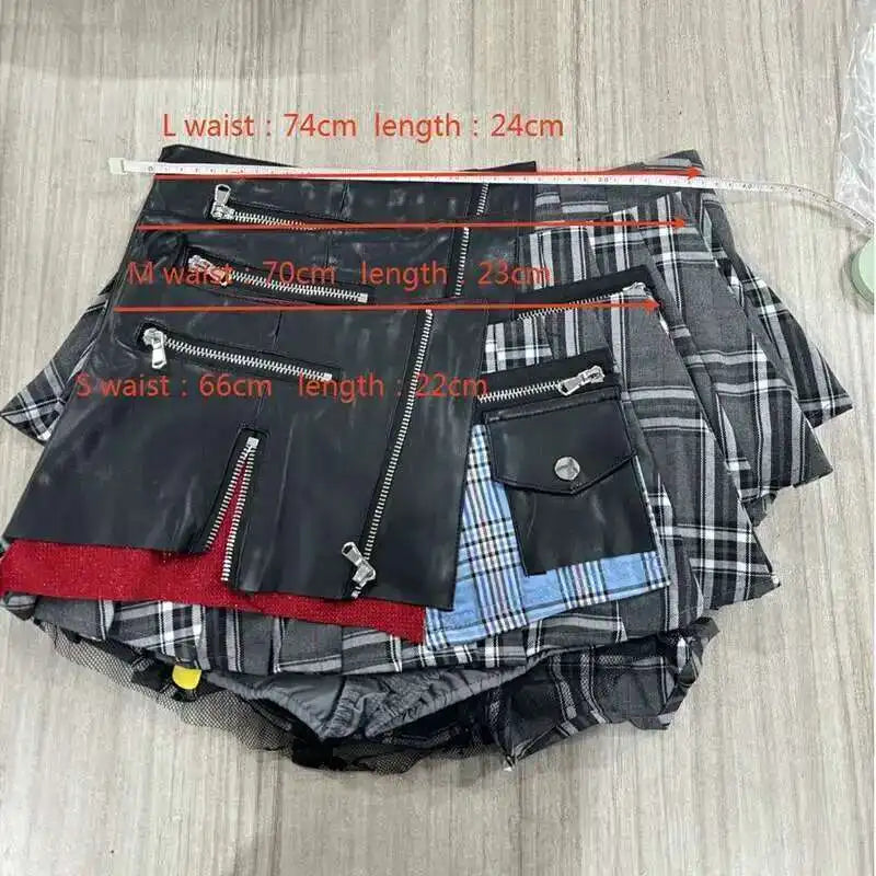 DEAT 2025 Summer New Patchwork Plaid Irregular Pleated Mini Skirt, Zipper Pockets Lace Design Skirts 29L7565