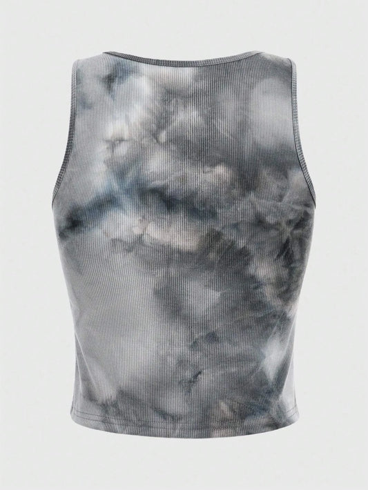 Grunge Punk Tie Dye Eye Letter Graphic Tank Top Women Summer Y2K Clothes Casual Round Neck Sleeveless Crop Top Vest Streetwear